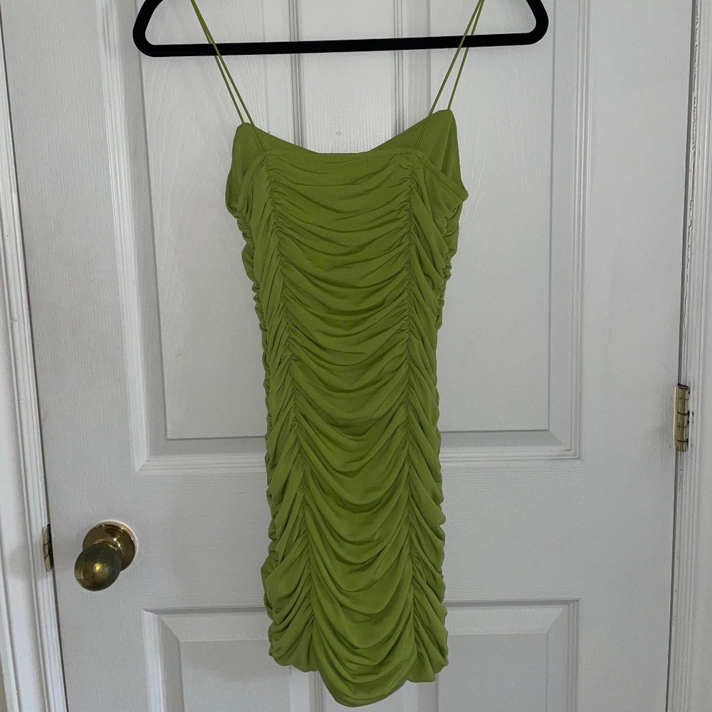 Revamped Ruched Lime Green Bodycon Dress